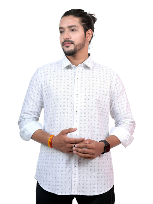 Men White Geometric Pinted Sustainable Formal Full Shirt