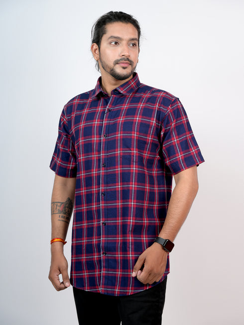 Men Navy Checked Casual Half Shirt