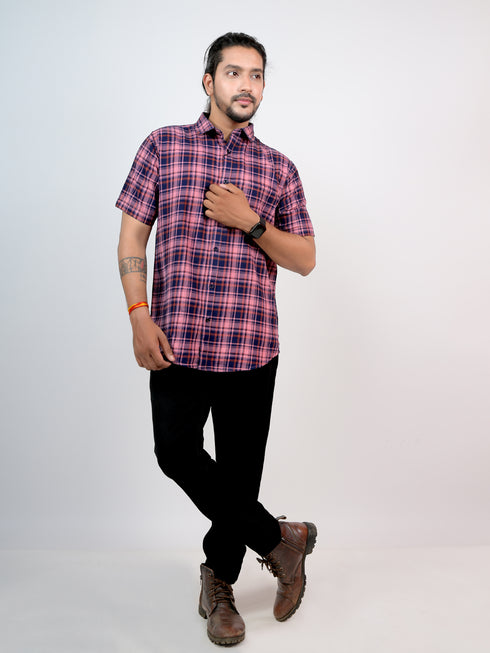 Men Pink Checked Casual Half Shirt
