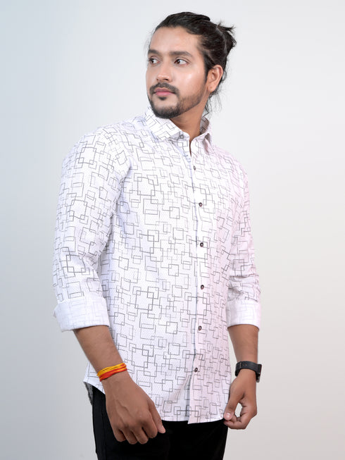 Men White Geometric Pinted Formal Shirt