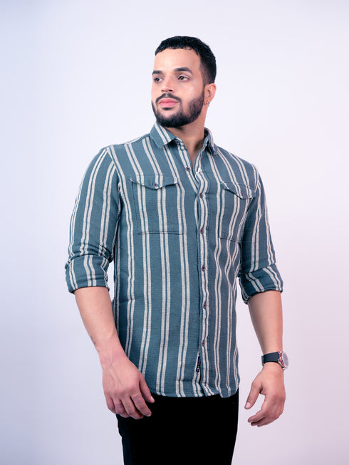 Pontiac Green Striped Casual Shirt