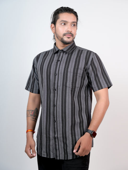 Men Black Striped Casual Half Shirt