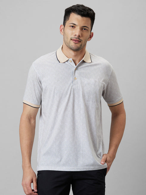 Mens Cream Printed Formal T-Shirt With Half Sleeves And Spread Collar