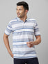 Mens Grey Striped Casual T-Shirt With Half Sleeves And Spread Collar
