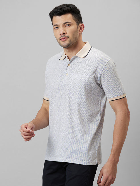 Mens Cream Printed Formal T-Shirt With Half Sleeves And Spread Collar