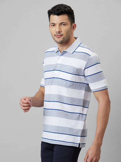 Mens Grey Striped Casual T-Shirt With Half Sleeves And Spread Collar