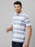 Mens Grey Striped Casual T-Shirt With Half Sleeves And Spread Collar