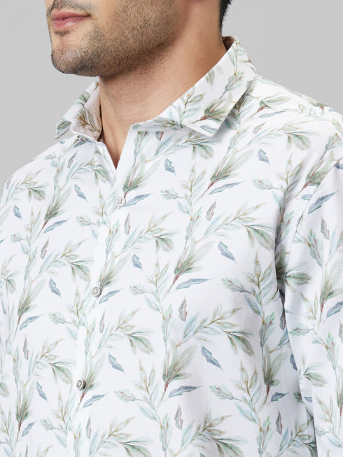 Mens White Floral Printed Opaque Casual Cotton Regular Fit Shirt