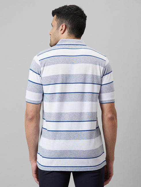 Mens Grey Striped Casual T-Shirt With Half Sleeves And Spread Collar