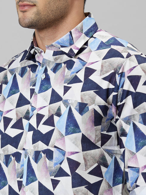 Mens Multicolour Geometric Printed cotton Linen Opaque Casual Shirt
