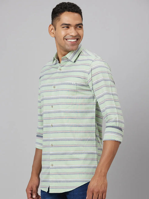 Men Green Striped line Sustainable Casual Shirt With Full Sleeves