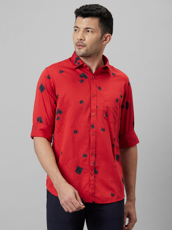 Mens Red Geometric Printed Cotton Linen Casual Shirt