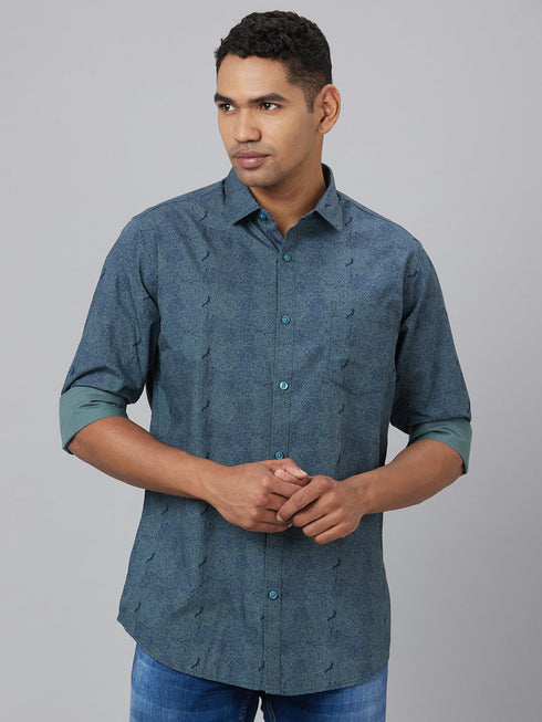 Men Blue Printed Sustainable Casual Shirt With Full Sleeves
