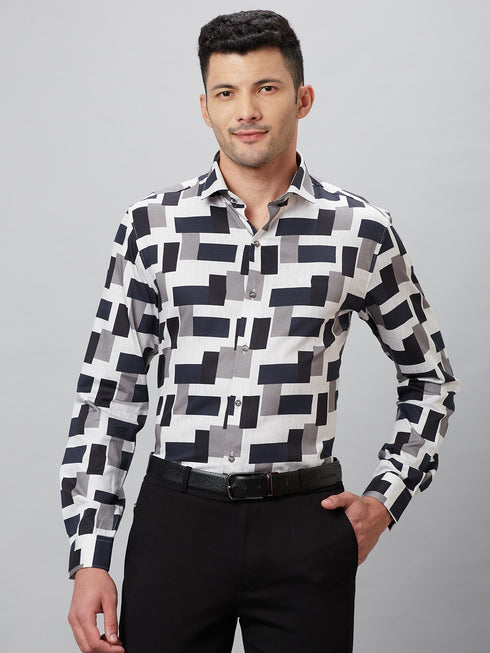 Mens Black & White Printed Casual Shirt With Full Sleeves