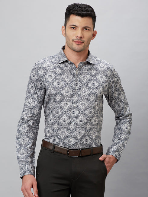 Mens Grey Geometric Printed Shirt With Full Sleeves And Spread Collar