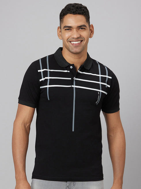Men Black Top Stripped Lounge T-Shirt With Spread Collar