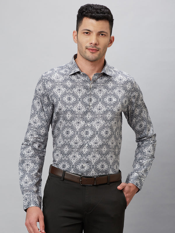 Mens Grey Geometric Printed Shirt With Full Sleeves And Spread Collar