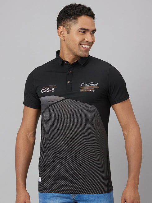 Men Black & White Printed Striped Casual T-Shirt