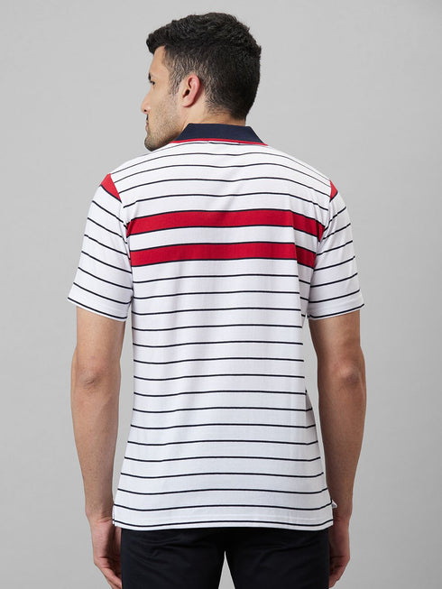 Mens White & Red Casual T-Shirt With Half Sleeves And Spread Collar