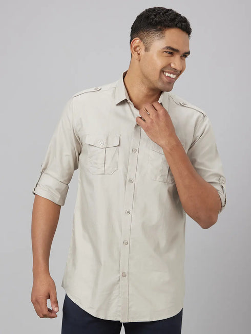 Men Khaki Solid Sustainable Casual Shirt With Spread Collar And Full Sleeves