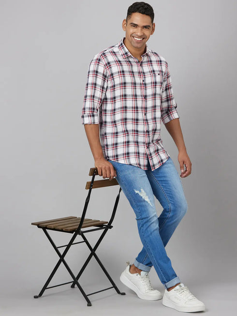 Men White & Red Checked Sustainable Casual Shirt With Full Sleeve