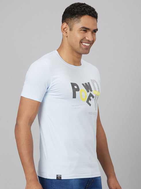Men Light Blue Solid with Printed Logo T-Shirt