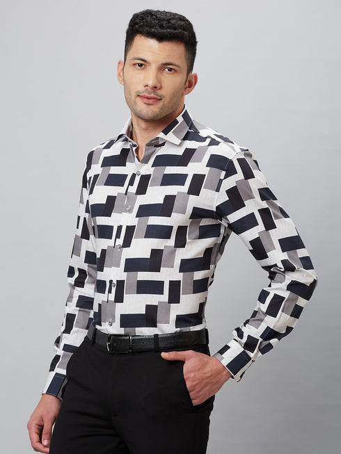 Mens Black & White Printed Casual Shirt With Full Sleeves