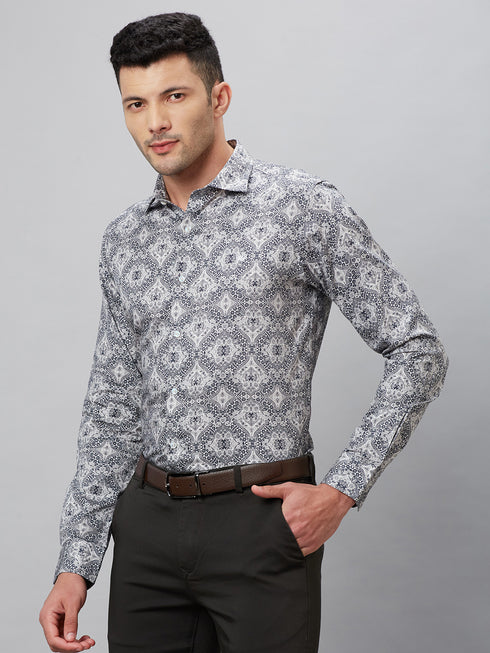 Mens Grey Geometric Printed Shirt With Full Sleeves And Spread Collar