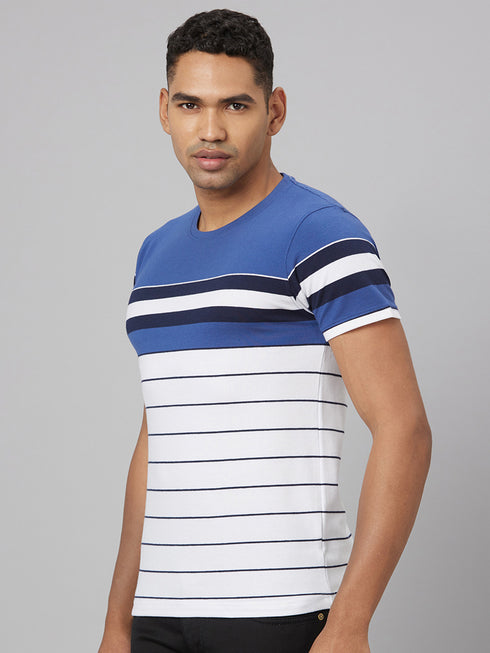 Men Blue & White Striped Casual Cotton T-Shirt