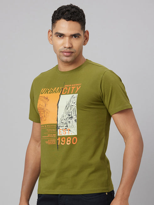 Men Olive Typography Casual T-Shirt