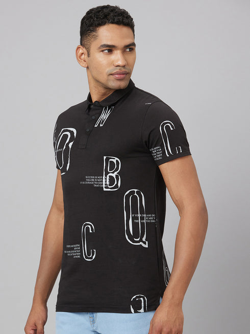 Men Black Printed Slim Fit Polo T-Shirt