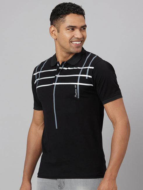 Men Black Top Stripped Lounge T-Shirt With Spread Collar