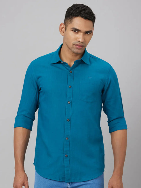 Men Teal Blue Solid Sustainable Casual Shirt Full Sleeves