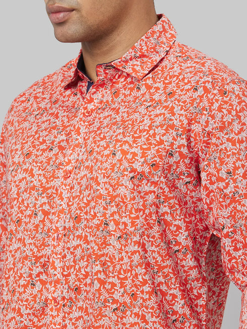 Mens Red Floral Printed Sustainable Casual Shirt With Full Sleeves