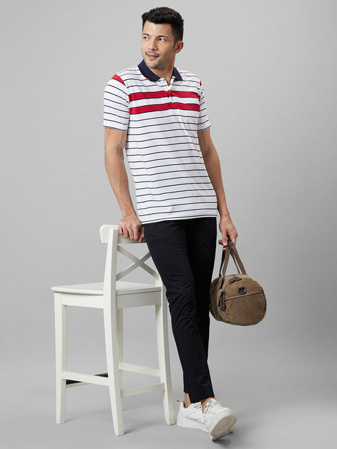 Mens White & Red Casual T-Shirt With Half Sleeves And Spread Collar