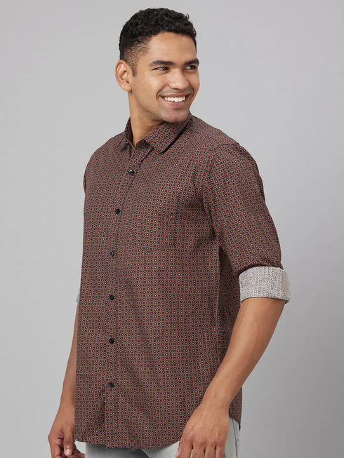 Men Coffee Brown Printed Sustainable Casual Shirt With Spread Collar And Full Sleeves
