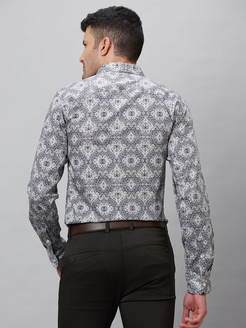 Mens Grey Geometric Printed Shirt With Full Sleeves And Spread Collar