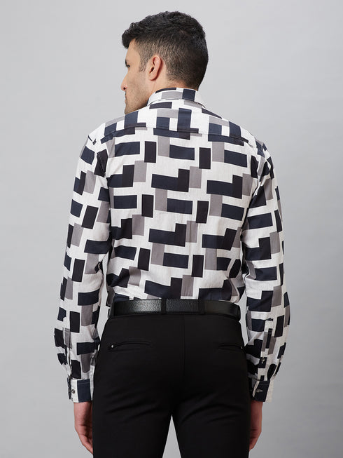 Mens Black & White Printed Casual Shirt With Full Sleeves