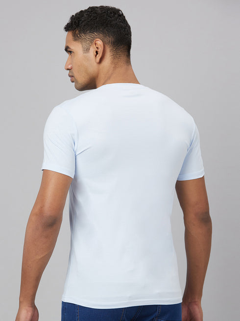 Men Light Blue Solid with Printed Logo T-Shirt