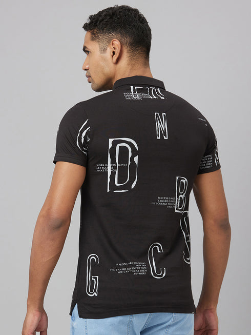 Men Black Printed Slim Fit Polo T-Shirt