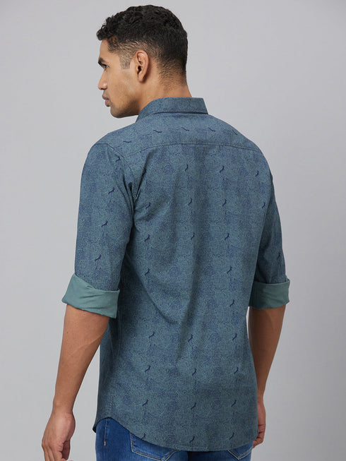 Men Blue Printed Sustainable Casual Shirt With Full Sleeves
