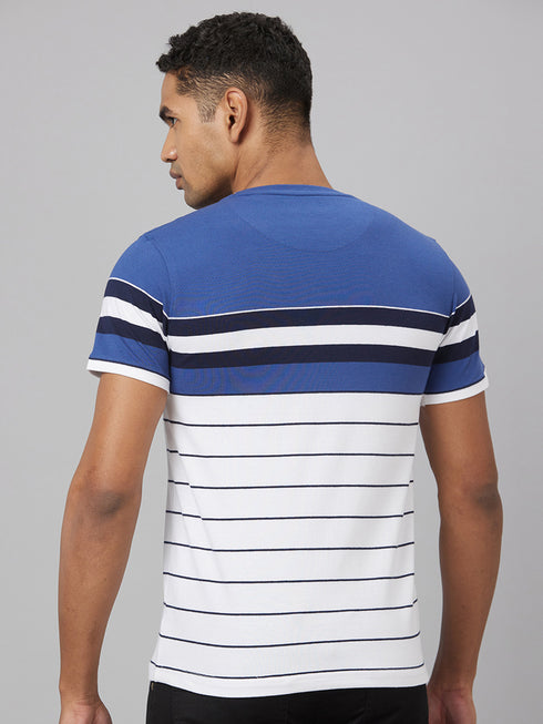 Men Blue & White Striped Casual Cotton T-Shirt