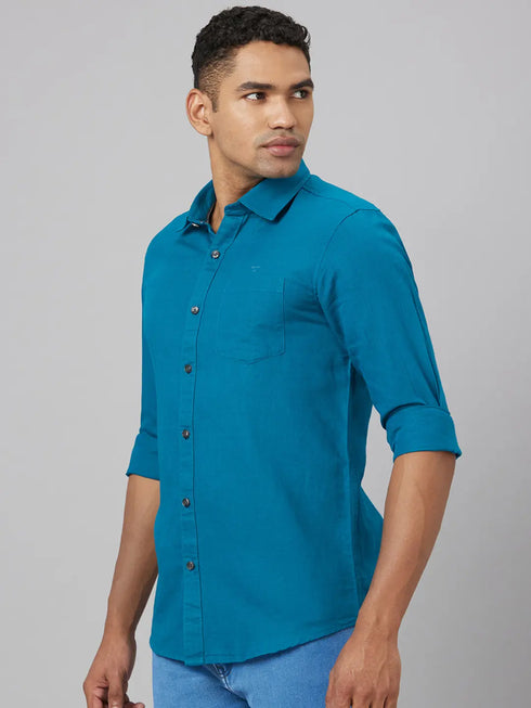 Men Teal Blue Solid Sustainable Casual Shirt Full Sleeves