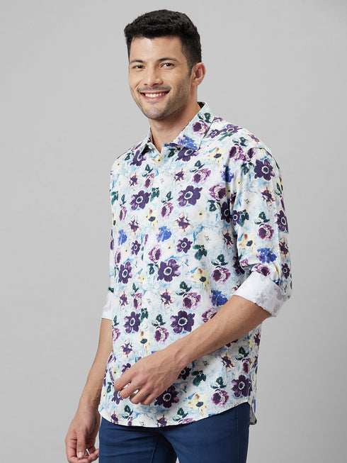 Mens Floral Printed White Casual Shirt Full Sleeve With Spread Collar