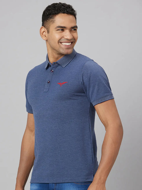 Men Blue Solid Lounge Casual T-Shirt With Printed Logo