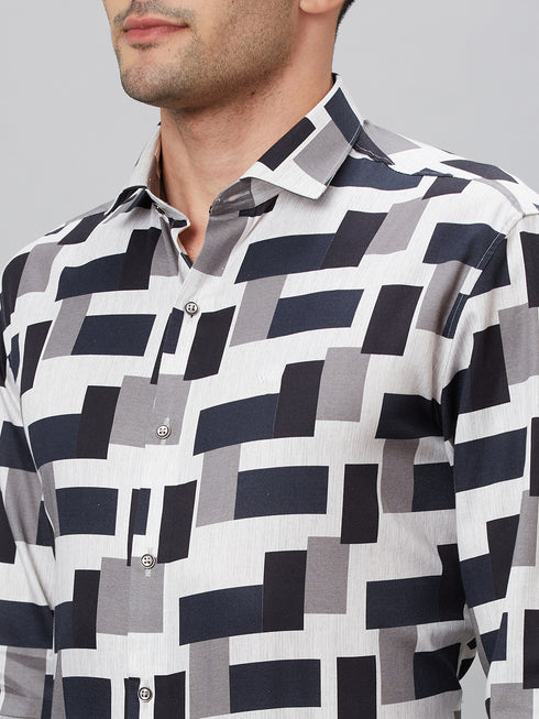 Mens Black & White Printed Casual Shirt With Full Sleeves
