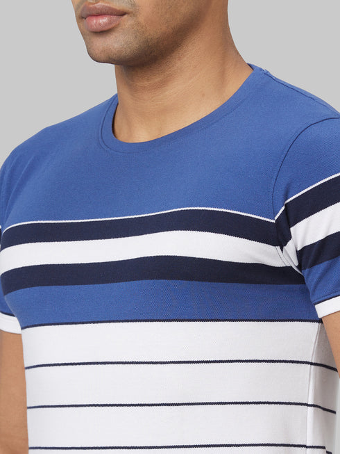 Men Blue & White Striped Casual Cotton T-Shirt