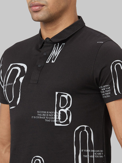 Men Black Printed Slim Fit Polo T-Shirt