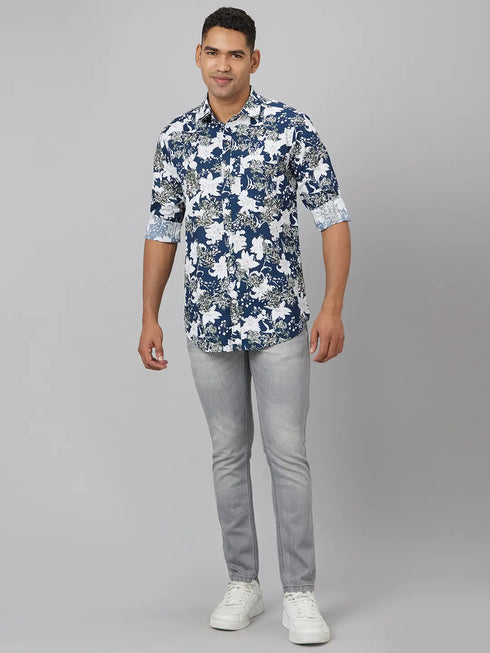 Men Blue & White Floral Print Sustainable Casual Shirt