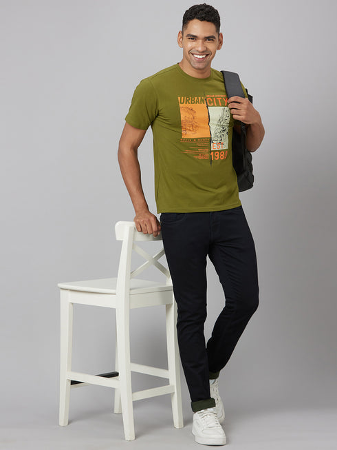 Men Olive Typography Casual T-Shirt